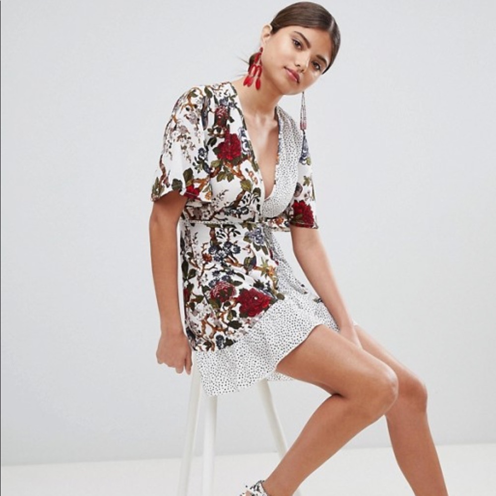 Missguided Floral & Polka Dot Wrap Tea Dress